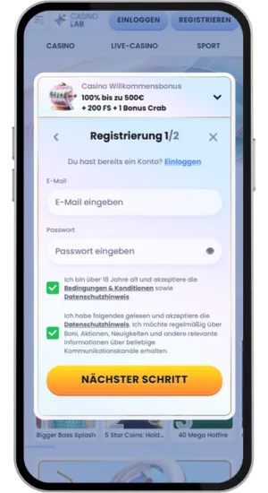 Registrierungsformular im Casino